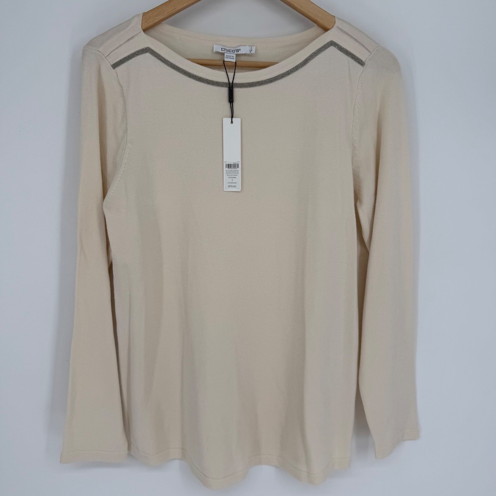 Chicos Caviar Bateau Pullover Sweater English Cream Metallic Beaded Size M